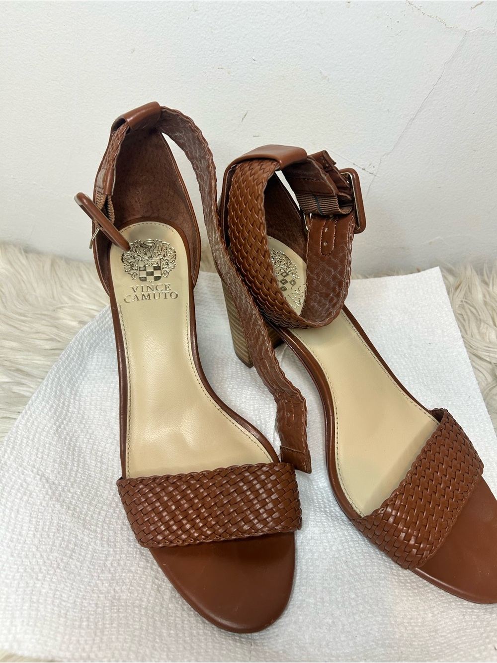 Vince Camuto Cognac Woven Leather Ankle-Strap Heels